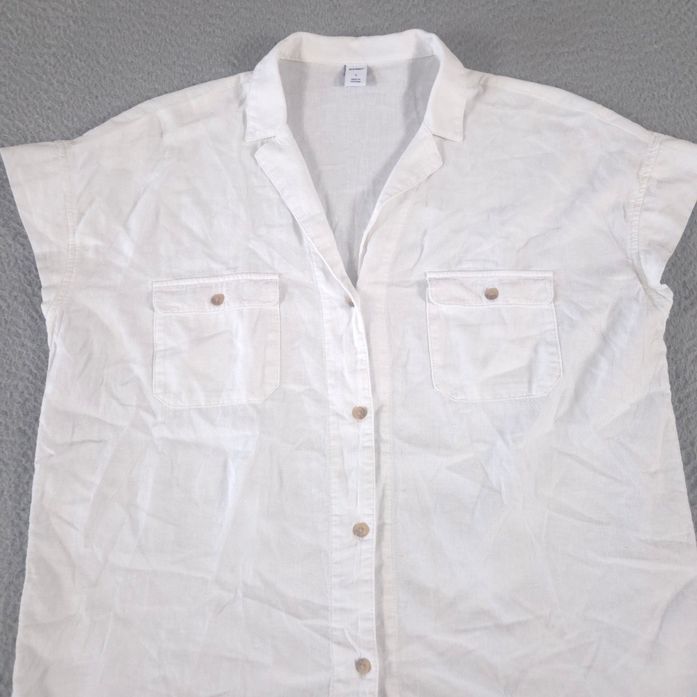 Old Navy Top Womens S White Linen-Blend Utility Short-Sleeve Shirt Pocket Blouse